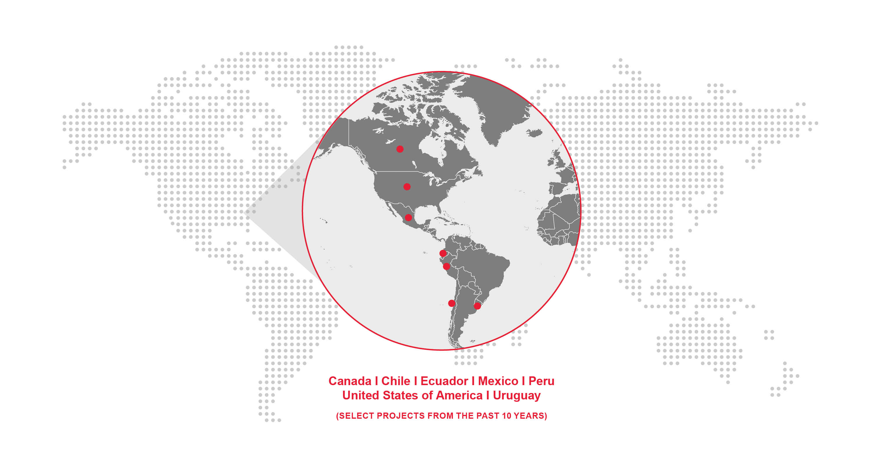 A detailed map of the world with a zoomed in focus on the Americas, showcasing the regions of Canada, Chile, Ecuador, Mexico, Peru, USA, and Uruguay, where Redpath has conducted major scale mining related projects.