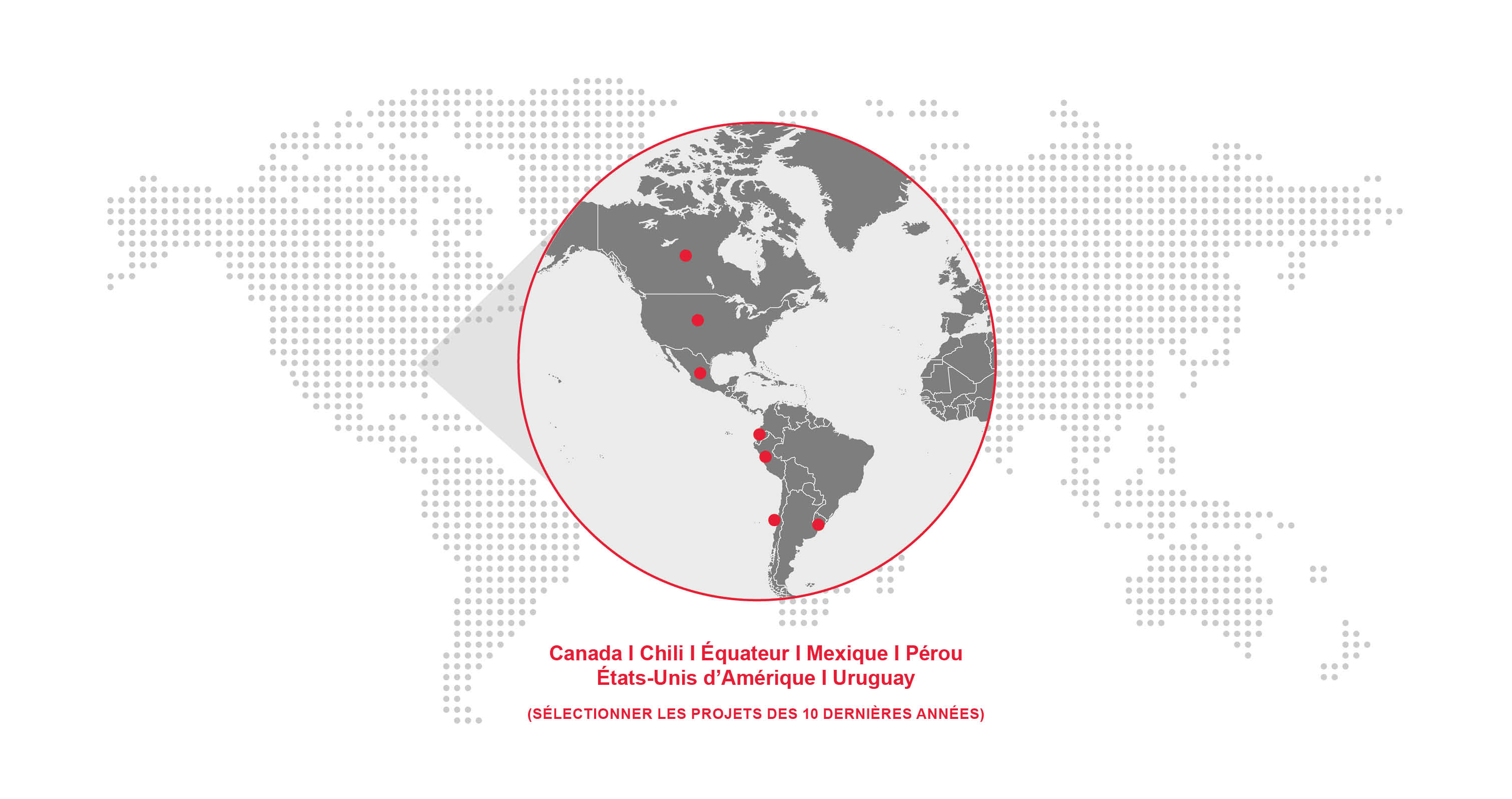 Une carte détaillée du monde avec un zoom sur les Amériques, mettant en valeur les régions du Canada, du Chili, de l’Équateur, du Mexique, du Pérou, des États-Unis et de l’Uruguay, où Redpath a mené d’importants projets miniers.