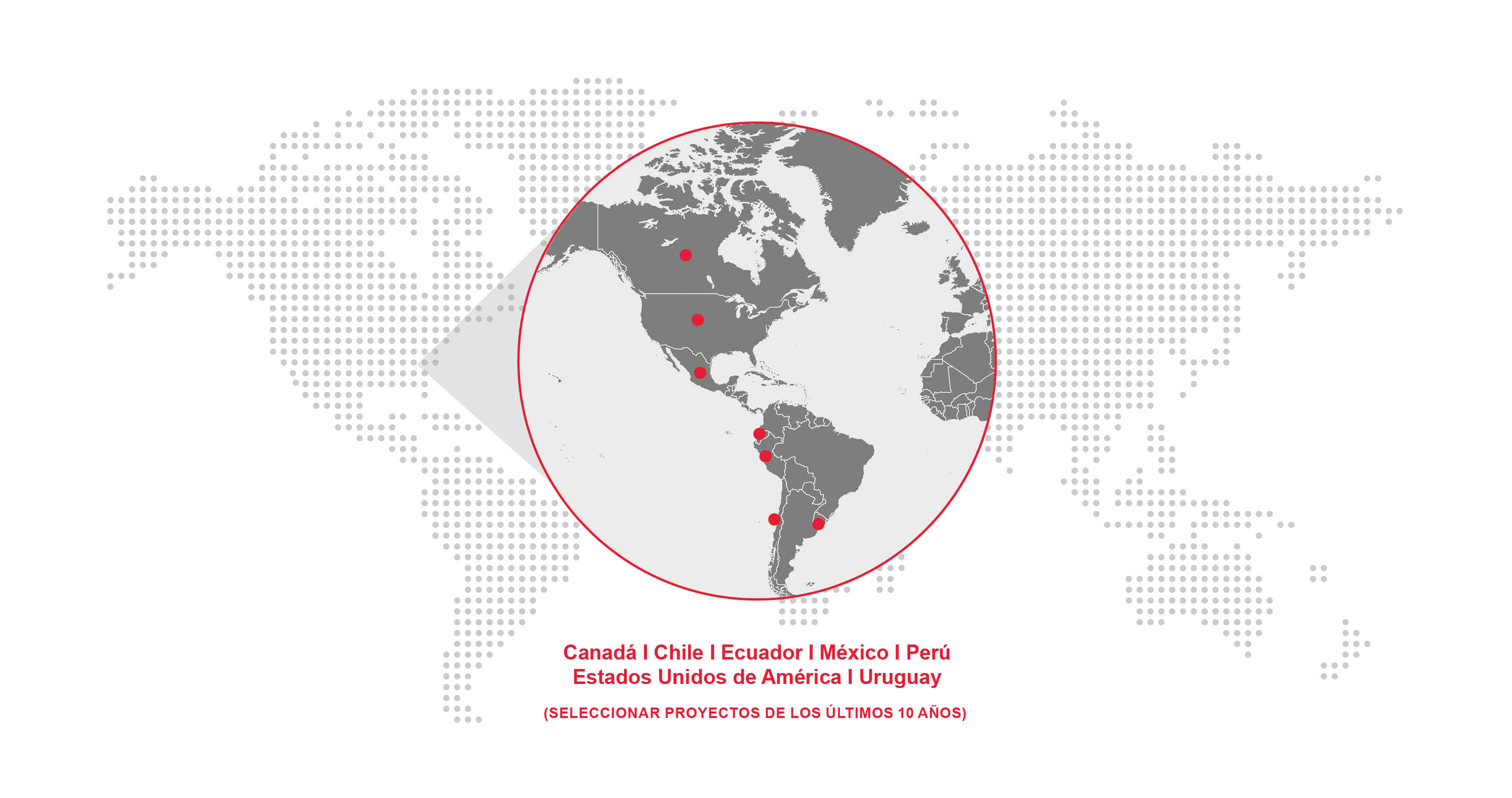 Un mapa detallado del mundo con un enfoque enfocado en las Américas, mostrando las regiones de Canadá, Chile, Ecuador, México, Perú, EE.UU., y Uruguay, donde Redpath ha llevado a cabo importantes proyectos relacionados con la minería.