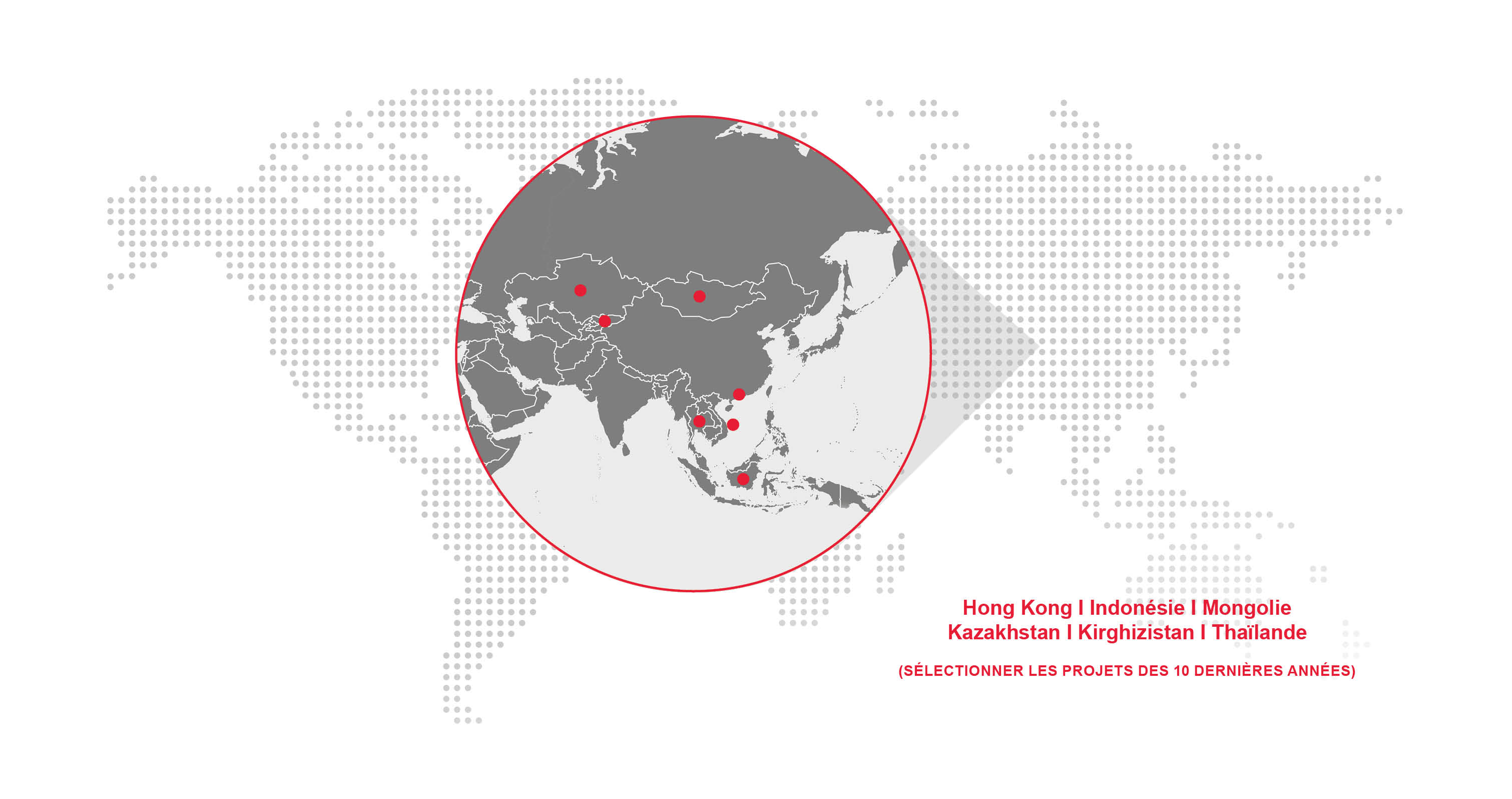 Une carte détaillée du monde avec un zoom sur l’Asie, mettant en valeur les régions de Hong Kong, l’Indonésie, la Mongolie, le Kazakhstan, le Kirghizistan et la Thaïlande, où Redpath a mené des projets miniers d’envergure.