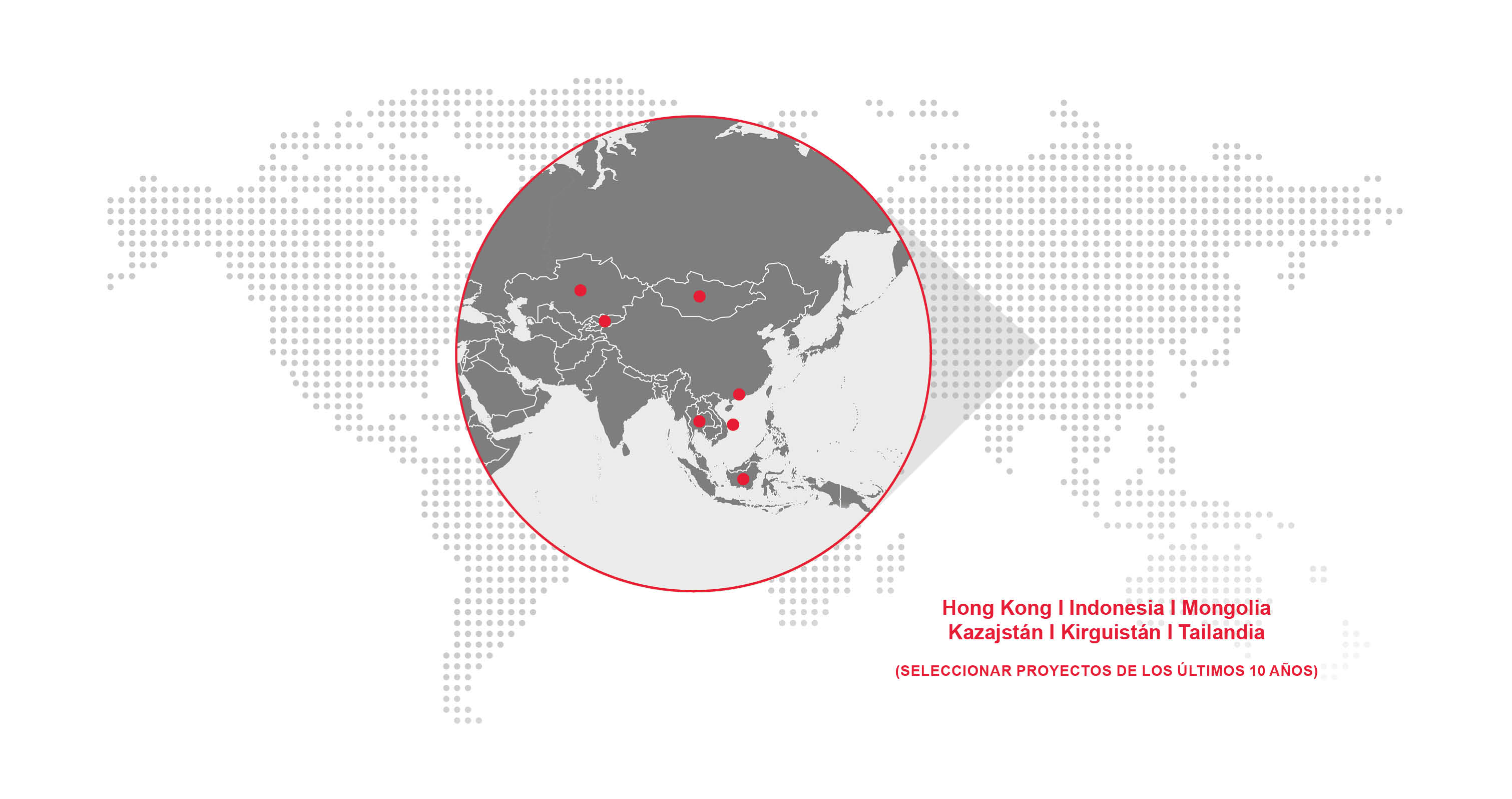 Un mapa detallado del mundo con zoom en Asia, mostrando las regiones de Hong Kong, Indonesia, Mongolia, Kazajstán, Kirguistán y Tailandia, donde Redpath ha llevado a cabo importantes proyectos relacionados con la minería.