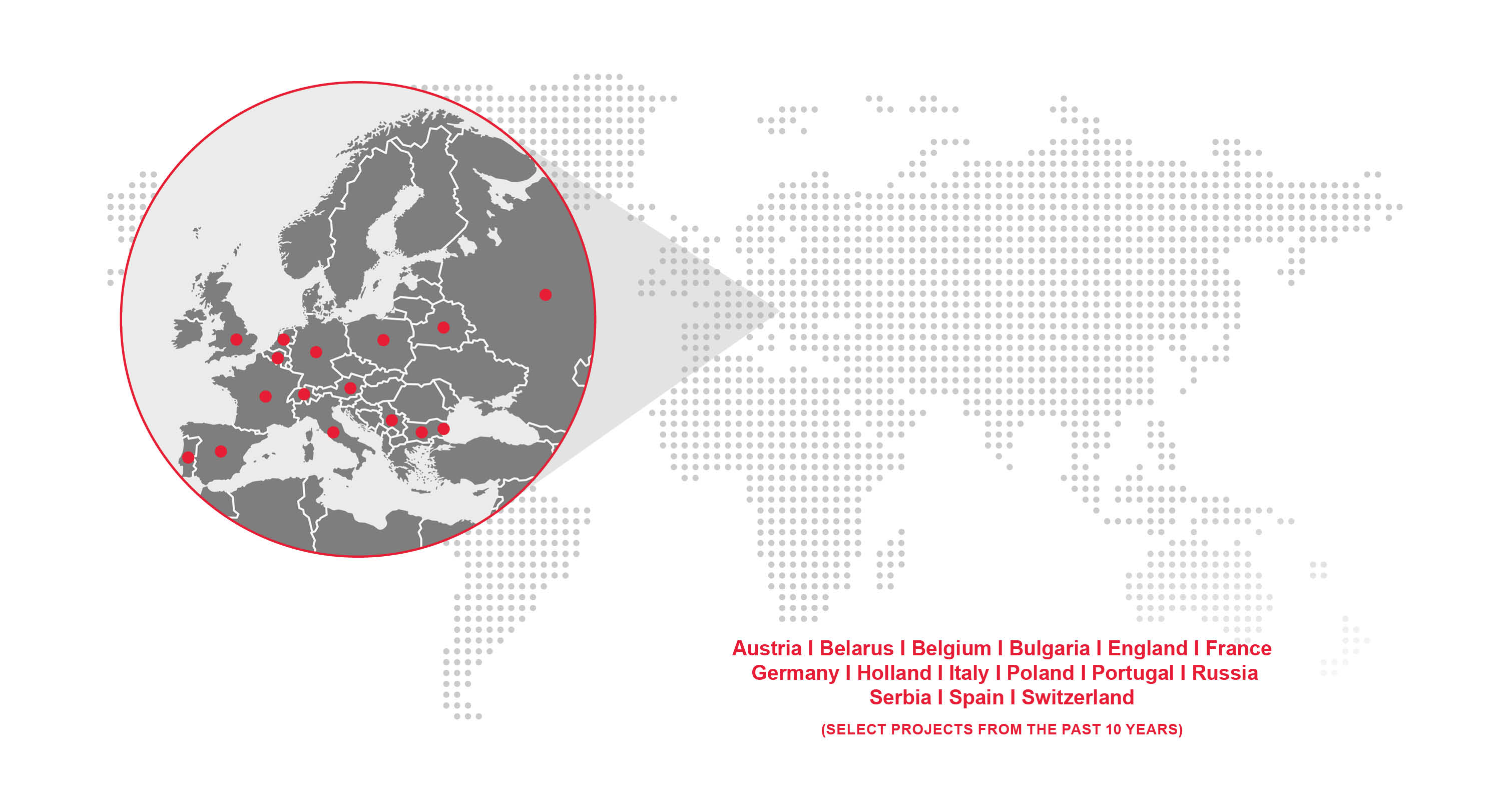 A detailed map of the world with a zoomed in focus on Austria, Belarus, Belgium, Bulgaria, England, France, Germany, Holland, Italy, Poland, Portugal, Russia, Serbia, Spain, and Switzerland, where Redpath has conducted major scale mining related projects.