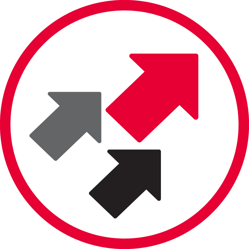 El icono del Espíritu de Mejora Continua de Redpath muestra 3 flechas de diferentes tamaños y colores dentro de un círculo rojo, todos apuntando en la dirección superior derecha, simbolizando los continuos esfuerzos de Redpath para mejorar constantemente.