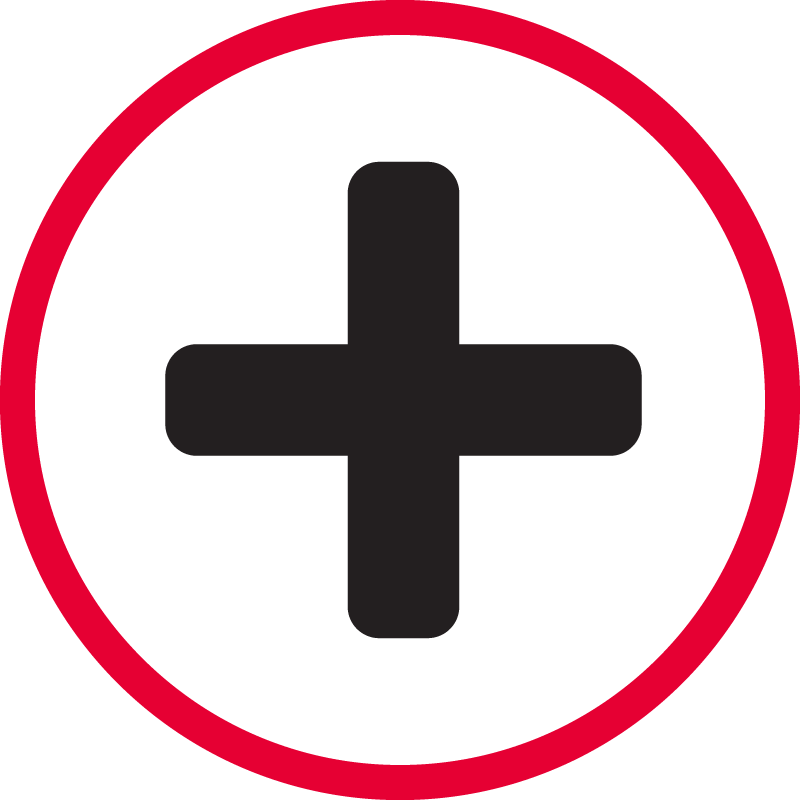 Redpath's Advantages icon shows a black plus symbol inside a red circle, symbolizing all the additional advantages Redpath offers.