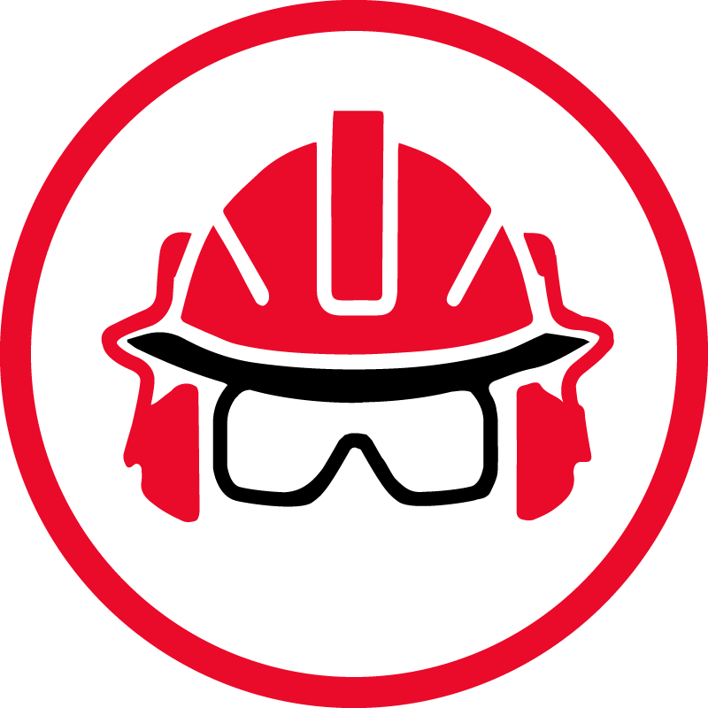 Redpath's colored safety icon shows a circled hard hat, safety goggles and ear muffs inside a red circle.