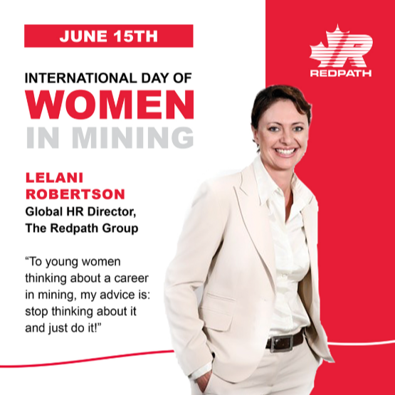 Redpath's Global HR Director Lelani Robertson on red background with Redpath logo in white and text acknowledging International Day of Women in Mining
